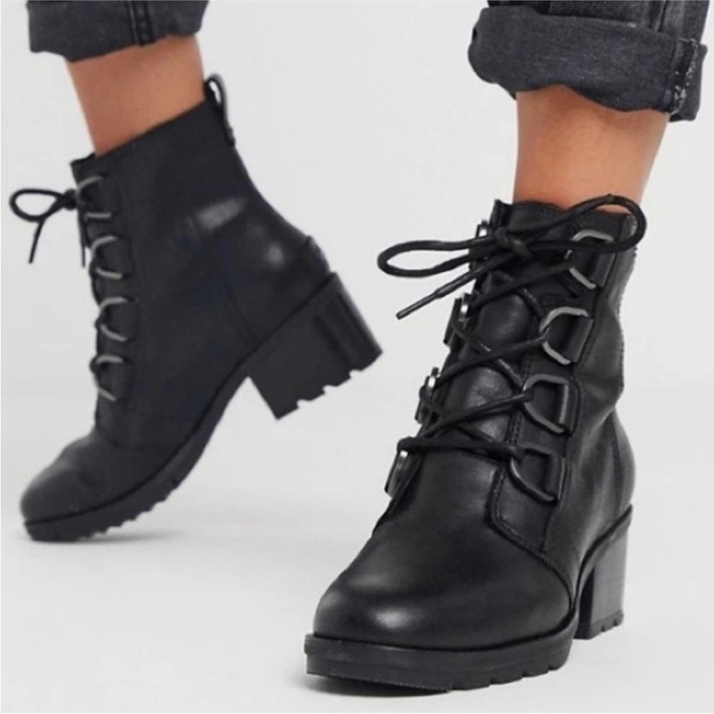 Sorel Cate Lace Up Mid Heel Boots Black Leather Block Heel Waterproof Size 9